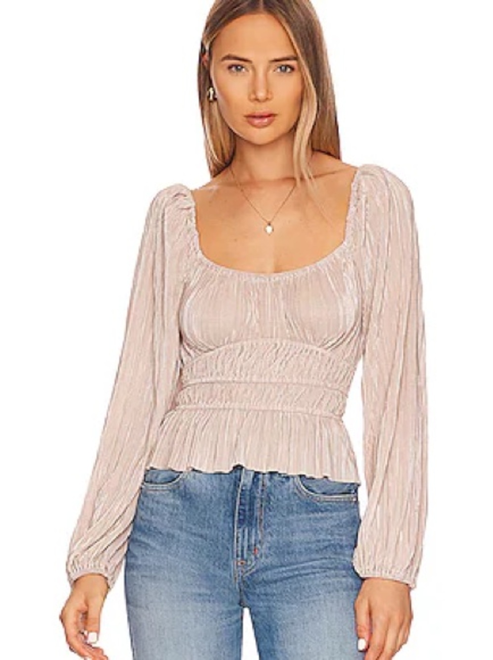 NWT ASTR The Label Ziva Top S Pearl Pleated Puff Sleeve Coquette Blouse